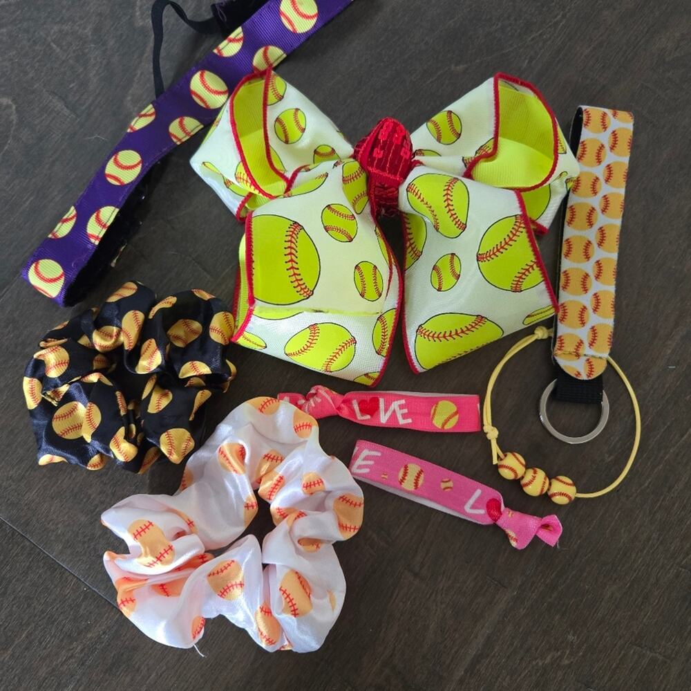 Handmade Pony Tail Softball Bow and Softball Hair Accessories Bracelet
